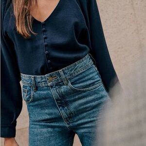 Sézane Navy Blue Button Front Blouse